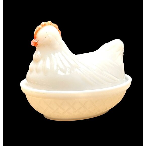VTG Milk Glass Hen On Nest Dish With Basket Weave Base, candy or trinket dish - Picture 1 of 10